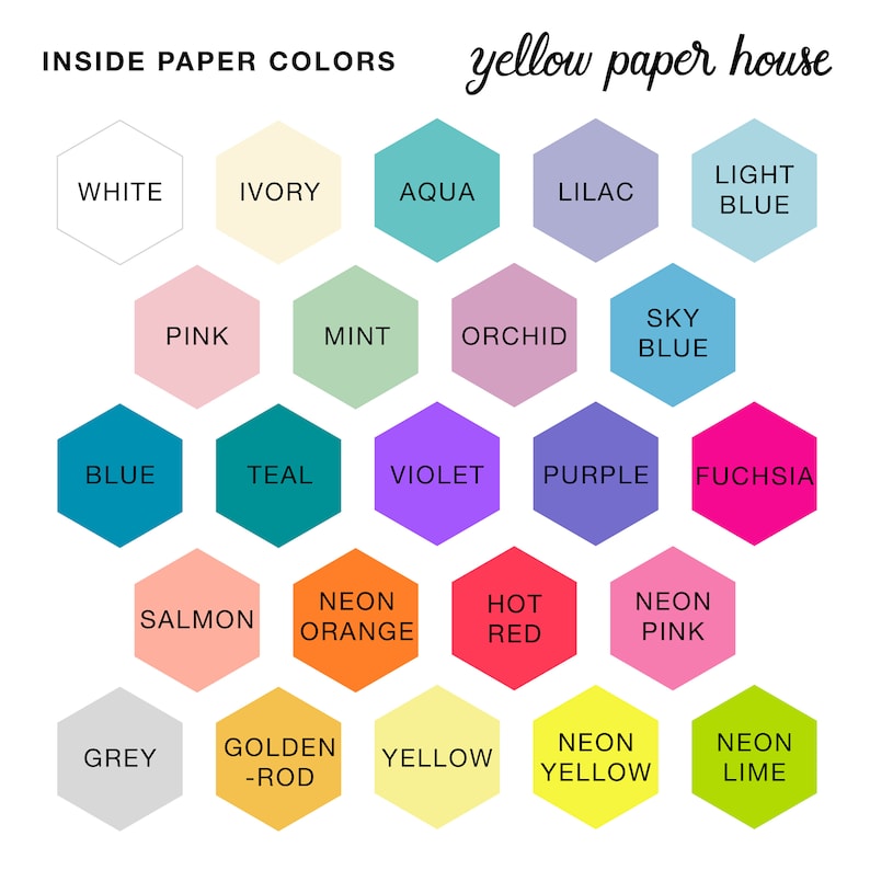 Puede incluir: Una tabla de colores de papel en forma de panal. Los colores est&aacute;n etiquetados con nombres como blanco, marfil, aguamarina, lila, azul claro, rosa, menta, orqu&iacute;dea, azul cielo, azul, verde azulado, violeta, morado, fucsia, salm&oacute;n, naranja ne&oacute;n, rojo intenso, rosa ne&oacute;n, gris, dorado-rojizo, amarillo, amarillo ne&oacute;n y lima ne&oacute;n.