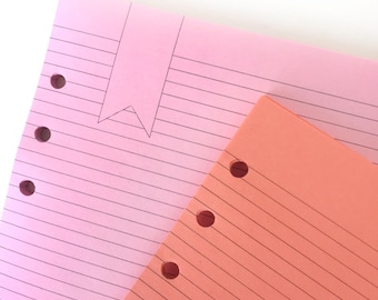 May include: Two sheets of lined paper, one pink and one orange, with punched holes on the side. The pink sheet has a drawn bookmark shape at the top.