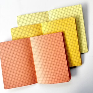 May include: Three notebooks with grid paper. The top notebook is yellow, the middle notebook is orange, and the bottom notebook is a light peach color.