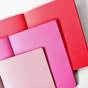 Peut inclure: Trois cahiers avec des motifs en quadrillage. Le cahier du haut est rouge, le cahier du milieu est rose et le cahier du bas est rose clair.