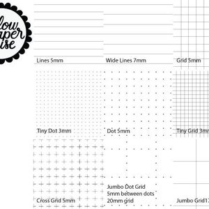 May include: A black and white image showing different types of paper with various grid patterns. The paper types include blank, lines, wide lines, grid, tiny dot, dot, tiny grid, cross grid, jumbo dot grid, and jumbo grid. The image also includes the text "yellow paper house".