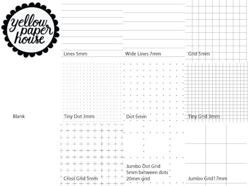 May include: A black and white image showing different types of paper with various grid patterns. The paper types include blank, lines, wide lines, grid, tiny dot, dot, tiny grid, cross grid, jumbo dot grid, and jumbo grid. The image also includes the text "yellow paper house".