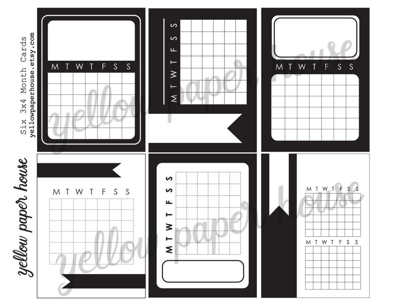 Printable 3x4 Month Calendars Black and White Journal Cards Instant Download Planner Schedule, Journaling, Scrapbooking, Project Life image 2