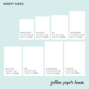 Puede incluir: Un gr&aacute;fico que muestra diferentes tama&ntilde;os de papel en pulgadas y mil&iacute;metros, incluyendo pasaporte, bolsillo, A6, personal, B6 slim, B6, est&aacute;ndar y cahier. El gr&aacute;fico est&aacute; sobre un fondo azul claro con el texto "yellow paper house" en la parte inferior.