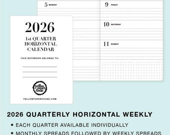 2026 Quarterly Dated HORIZONTAL WEEKLY/Monthly Travelers Notebook Inserts Calendar