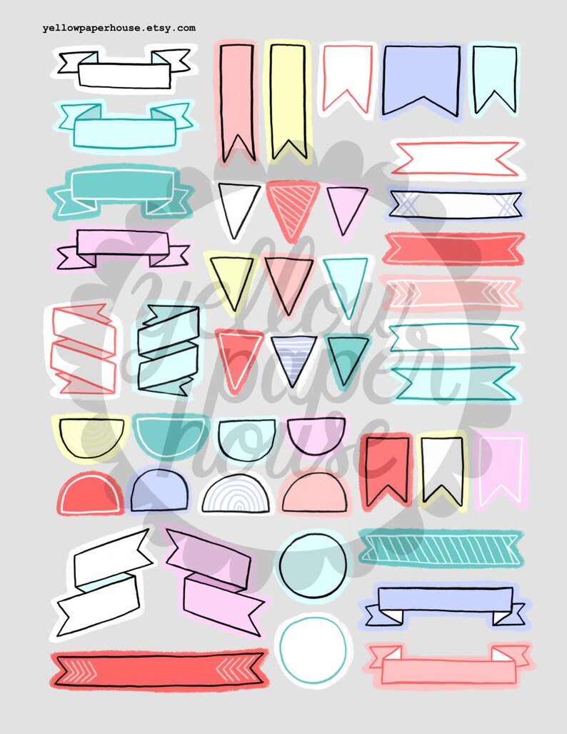 May include: A set of 30 hand-drawn digital planner stickers featuring various shapes and sizes of banners, flags, and circles in a variety of pastel colors. The stickers are perfect for adding a touch of whimsy and personality to your digital planner.