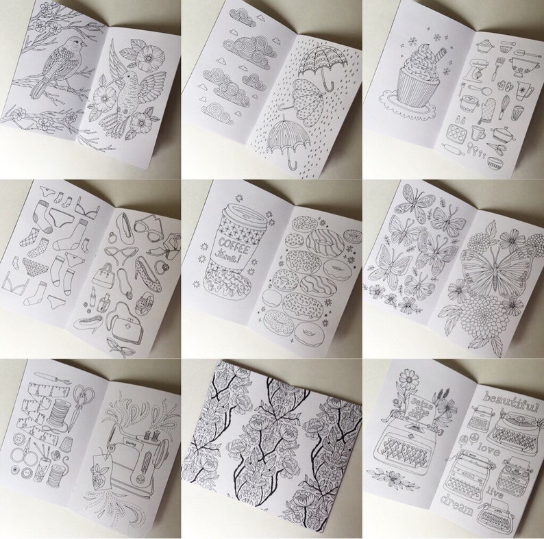 May include: Nine black and white illustrations of small, open books. Each book features a different design, including birds, clouds, umbrellas, a cupcake, coffee, doughnuts, butterflies, flowers, sewing supplies, and typewriters. The illustrations are drawn in a simple, whimsical style.