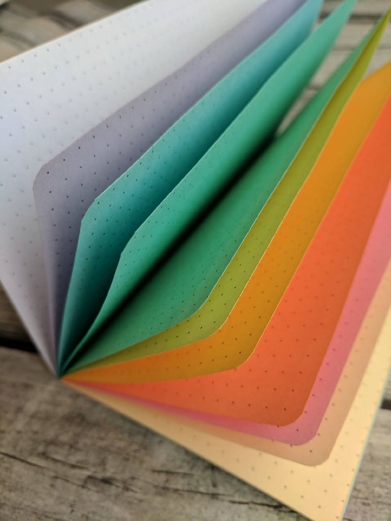 Puede incluir: Un cuaderno abierto con p&aacute;ginas de colores abanicadas. Las p&aacute;ginas est&aacute;n punteadas y muestran tonos de blanco, lavanda, turquesa, verde, naranja y rosa. El cuaderno destaca la variedad de colores.