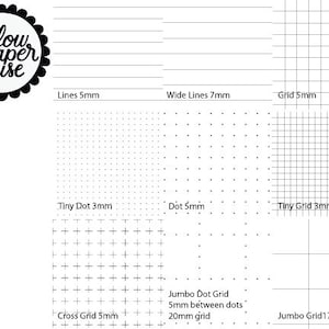 May include: A black and white image showing different types of paper with various grid patterns. The paper types include blank, lines, wide lines, grid, tiny dot, dot, tiny grid, cross grid, jumbo dot grid, and jumbo grid. The image also includes the text "yellow paper house".