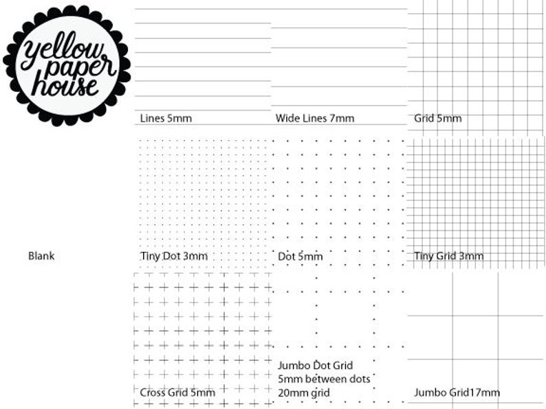 May include: A black and white image showing different types of paper with various grid patterns. The paper types include blank, lines, wide lines, grid, tiny dot, dot, tiny grid, cross grid, jumbo dot grid, and jumbo grid. The image also includes the text "yellow paper house".