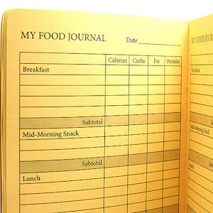 May include: A yellow food journal with a grid for tracking calories, carbs, fat, and protein. The journal is divided into sections for breakfast, mid-morning snack, lunch, and dinner.