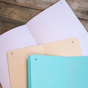 Può includere: Tre quaderni con pagine a punti. Il quaderno superiore è bianco, il quaderno intermedio è beige e il quaderno inferiore è turchese. I quaderni sono etichettati con i numeri 6, 17, 18, 21 e 22.