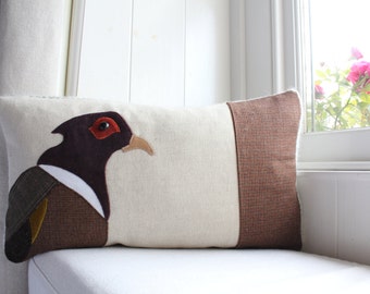Handmade purple Pheasant cushion with velvets, mixed tweeds and wool woven in Wales