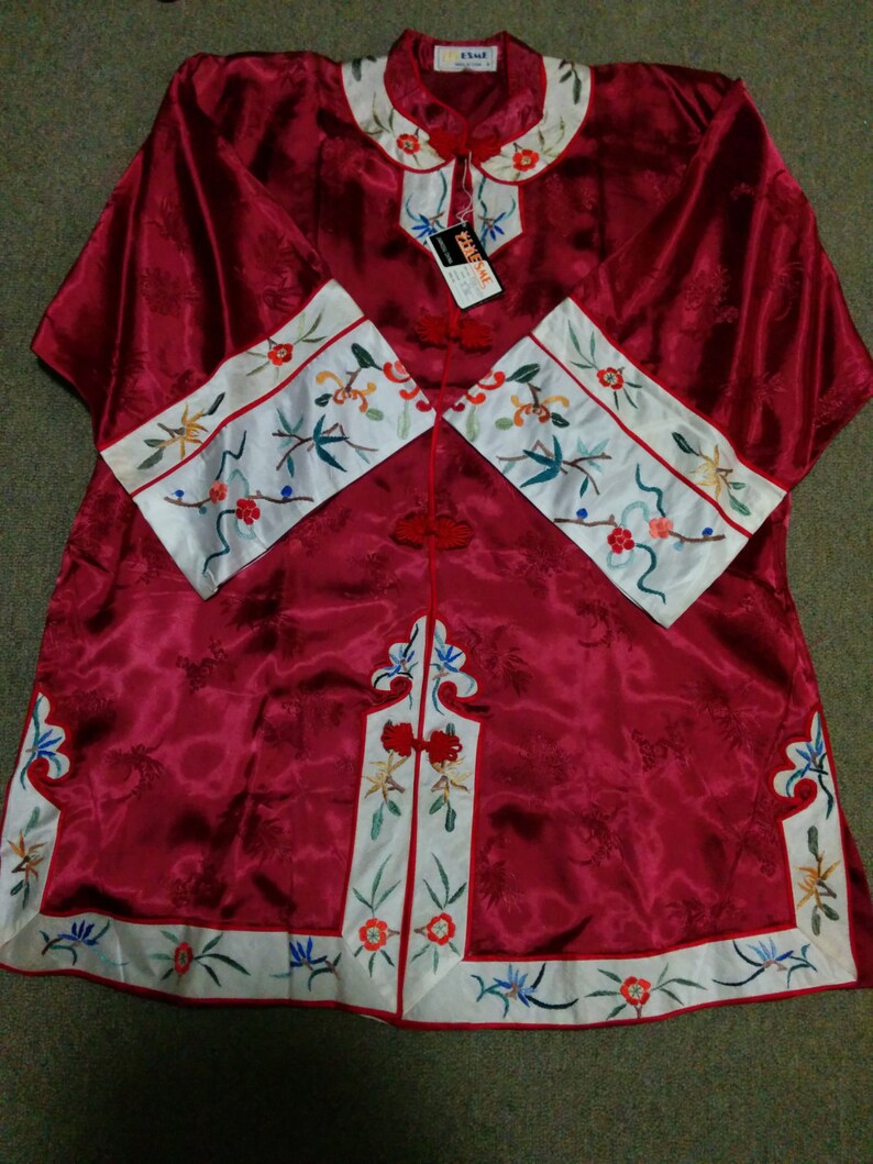 Vintage Beautiful Burgundy Chinese hand embroidered silk robe Asian embroidery jacket costume