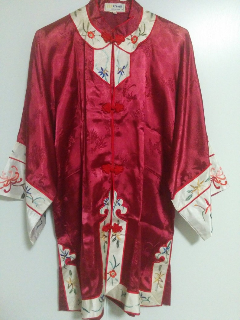 Vintage Beautiful Burgundy Chinese hand embroidered silk robe Asian embroidery jacket costume