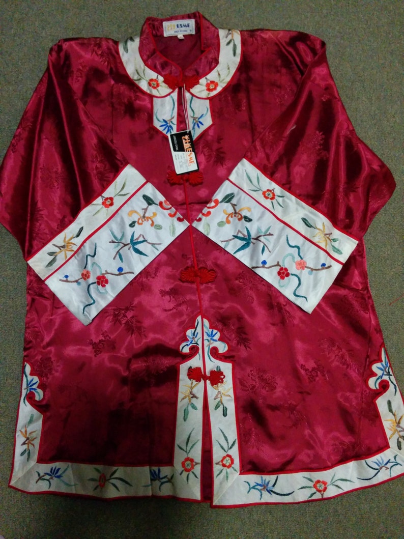 Vintage Beautiful Burgundy Chinese hand embroidered silk robe Asian embroidery jacket costume