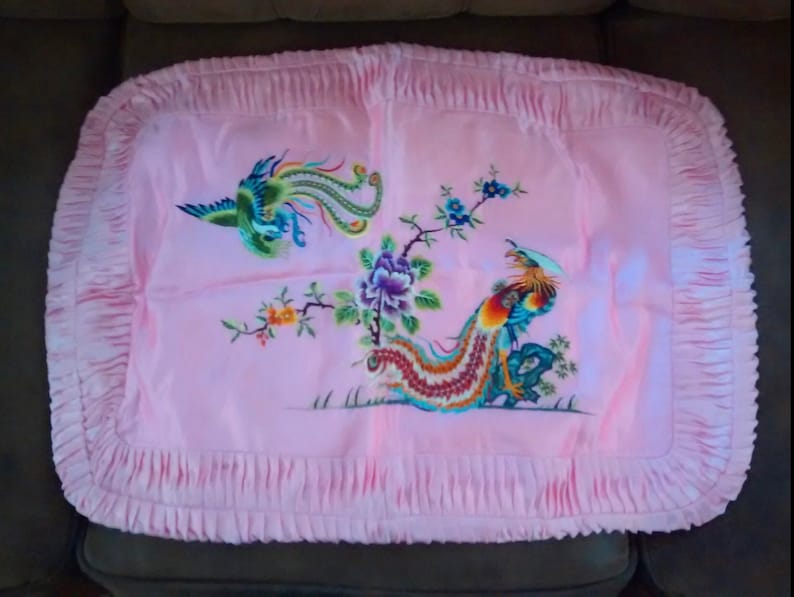 Exquisite Set of two vintage Chinese embroidered colorful Phoenix with peony silk embroidery pillow shams cushion
