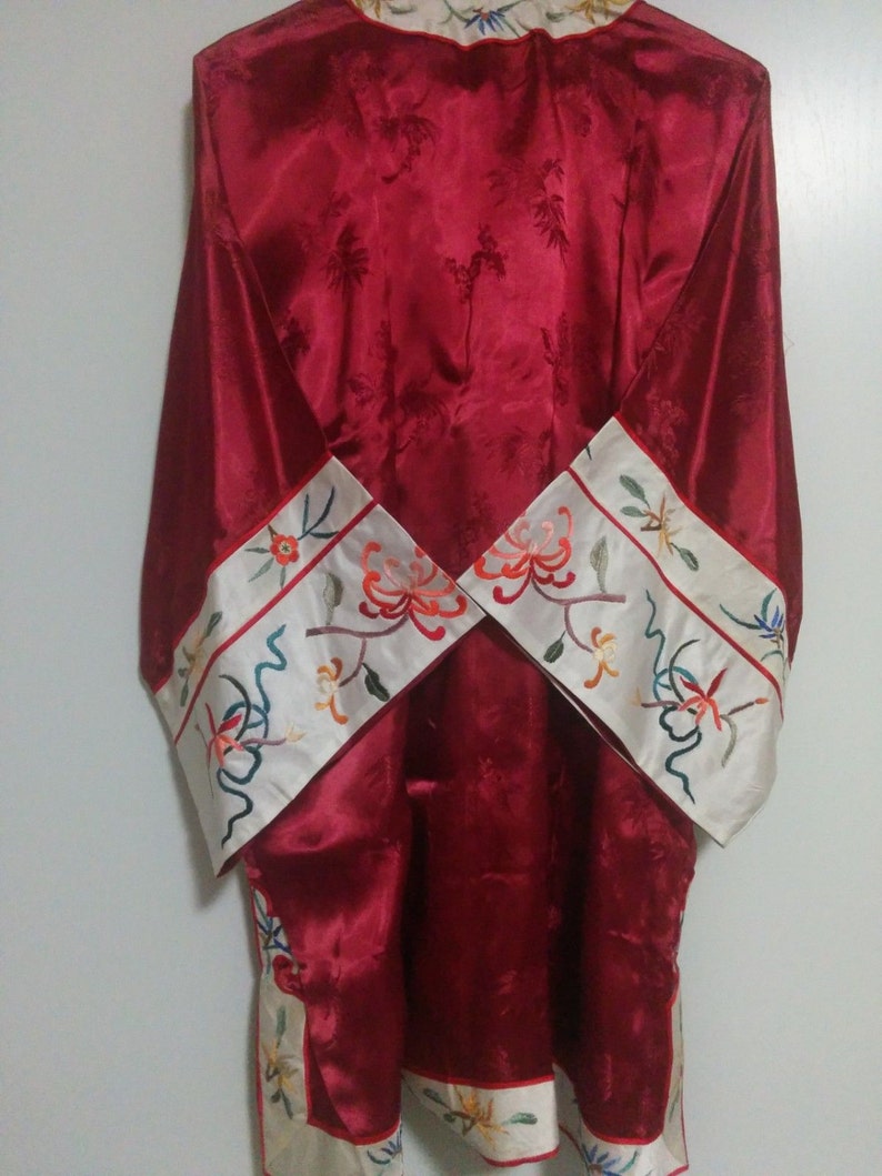 Vintage Beautiful Burgundy Chinese hand embroidered silk robe Asian embroidery jacket costume