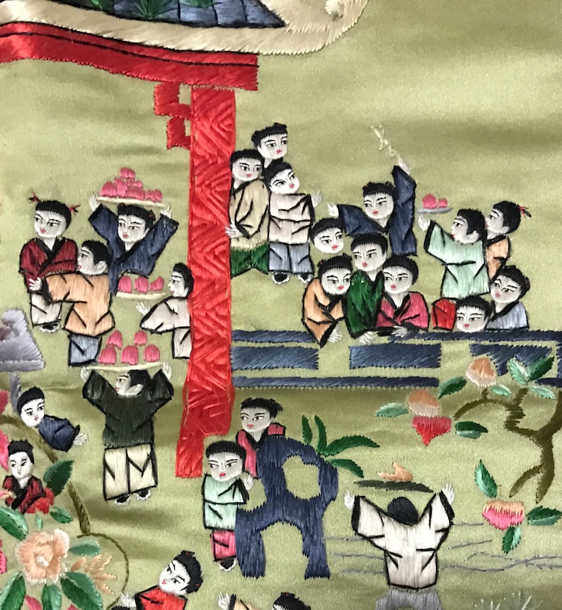 Vintage Big Chinese silk embroidered birthday celebration hundred children play panel tapestry embroidery vintage Asian Oriental 25\u201dx16