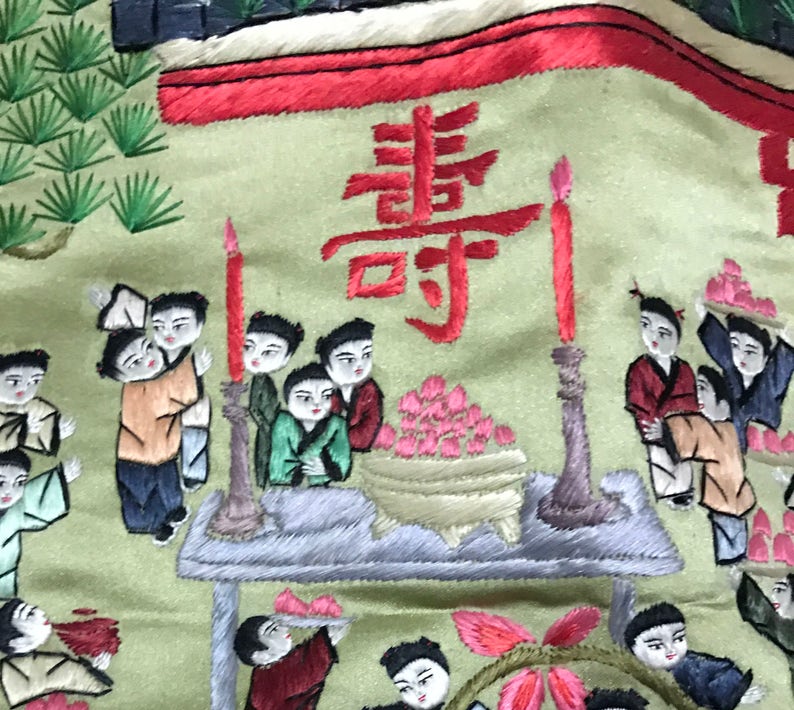 Vintage Big Chinese silk embroidered birthday celebration hundred children play panel tapestry embroidery vintage Asian Oriental 25\u201dx16