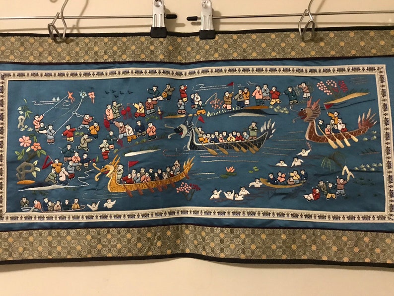Vintage Chinese silk embroidered dragon boat racing hundred children play panel tapestry embroidery vintage Asian Oriental 25x13