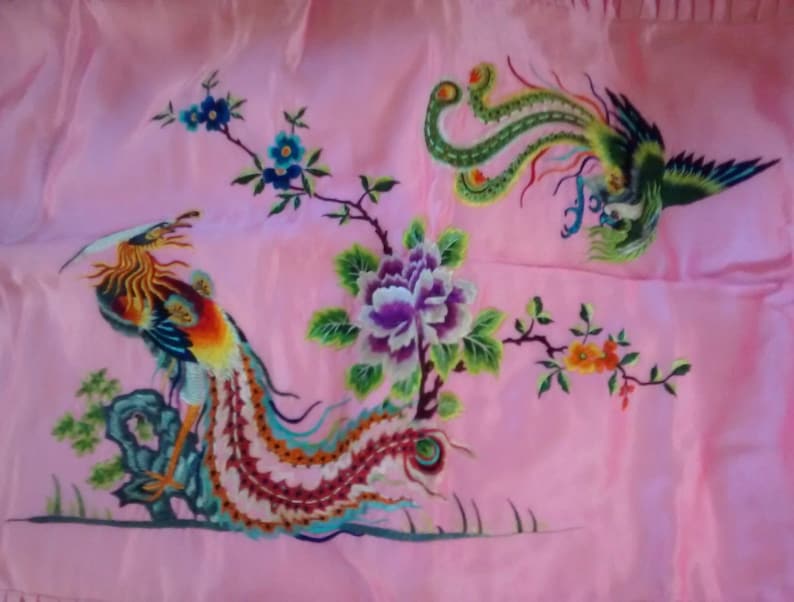 Exquisite Set of two vintage Chinese embroidered colorful Phoenix with peony silk embroidery pillow shams cushion