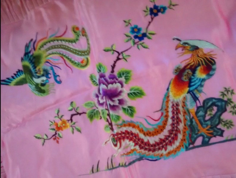 Exquisite Set of two vintage Chinese embroidered colorful Phoenix with peony silk embroidery pillow shams cushion