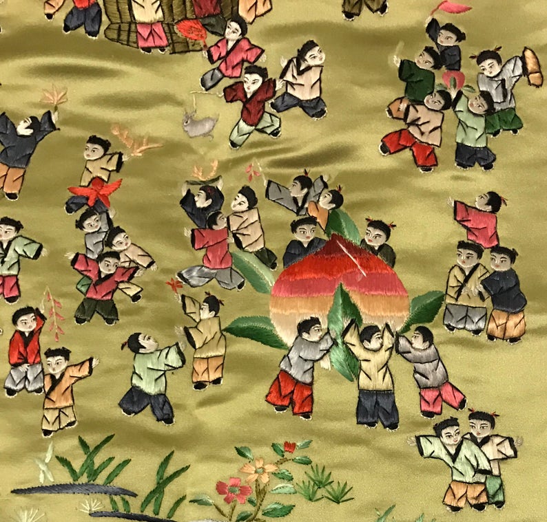 Vintage Big Chinese silk embroidered birthday celebration hundred children play panel tapestry embroidery vintage Asian Oriental 25\u201dx16