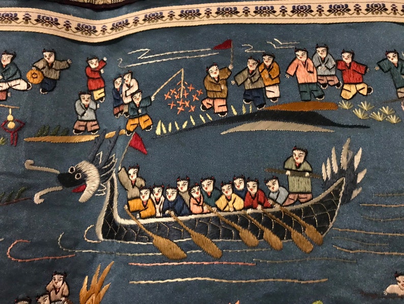 Vintage Chinese silk embroidered dragon boat racing hundred children play panel tapestry embroidery vintage Asian Oriental 25x13
