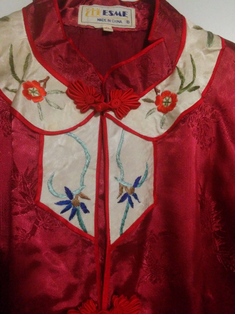 Vintage Beautiful Burgundy Chinese hand embroidered silk robe Asian embroidery jacket costume
