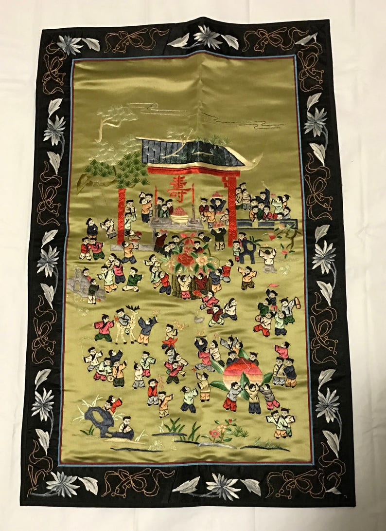 Vintage Big Chinese silk embroidered birthday celebration hundred children play panel tapestry embroidery vintage Asian Oriental 25\u201dx16