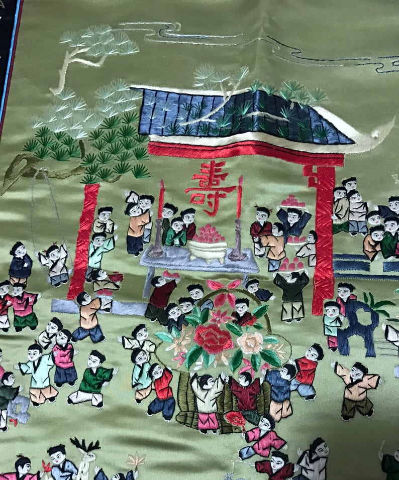 Vintage Big Chinese silk embroidered birthday celebration hundred children play panel tapestry embroidery vintage Asian Oriental 25\u201dx16