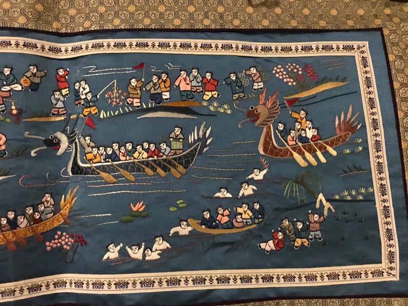 Vintage Chinese silk embroidered dragon boat racing hundred children play panel tapestry embroidery vintage Asian Oriental 25x13