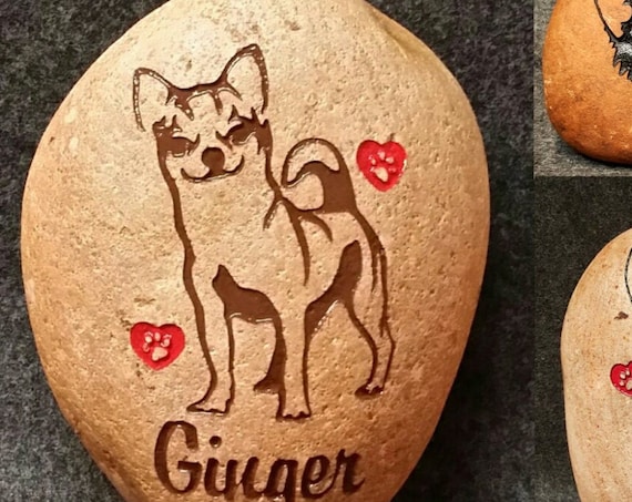 CHIHUAHUA  MEMORIAL Short or Long Haired 9”/10” or 7”/8” Stone (approx. sizes) Personalized Engraved choice of Dog Design & Heart-Paw, Date