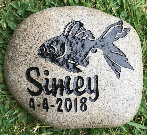 FISH MEMORIAL STONE 9”/10” or 7”/8"or 5”/6" Approx size. Personalized Engraved, Grave Burial Marker, Gold Fish, Betta Fish Free Shipping
