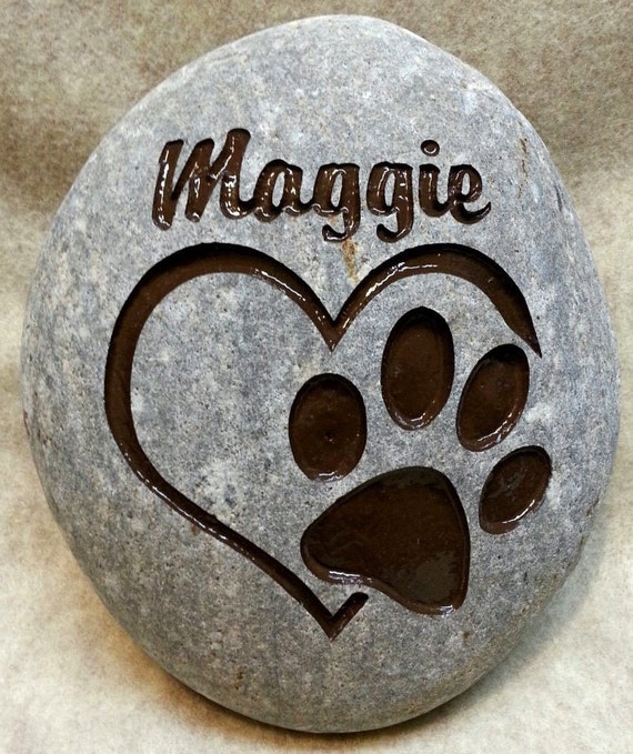 HEART/PAW MEMORIAL 7”/8" (approx. size) Pet Stone Engraved  Heart with Paw inside Dog or Cat Personalized with Name