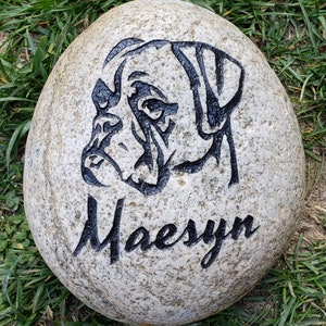 Pet Memorial Stone, 9”/10” or 7”/8&quot; Personalized Engraved, River Stone, Indoor Outdoor, Grave Burial Marker, Boxer, Dog, Rememberance Gift
