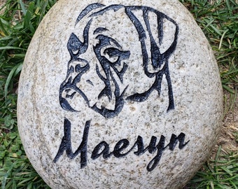 Pet Memorial Stone, 9”/10” or 7”/8&quot; Personalized Engraved, River Stone, Indoor Outdoor, Grave Burial Marker, Boxer, Dog, Rememberance Gift