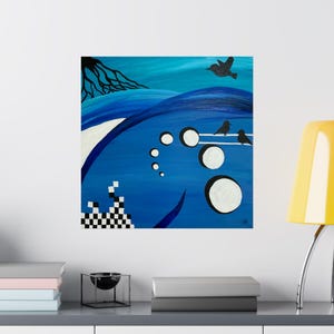 May include: A square painting featuring a deep blue background with abstract white circular shapes, a black and white checkered pattern in the lower left corner, and black silhouettes of birds perched on thin horizontal lines against the blue.