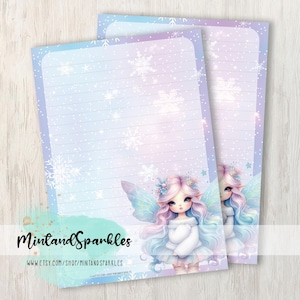 Hojas de papel para escribir letras con motivos de hadas de invierno en colores pastel