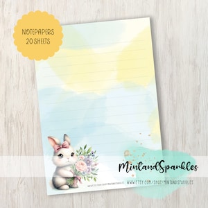Sweet Bunny sosteniendo flores/papeles de notas/cartas/escritura/hojas de papel