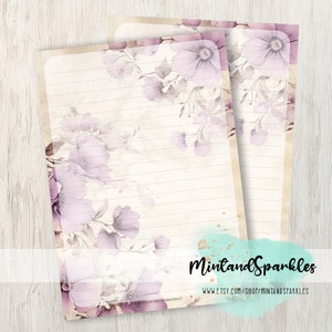 Hojas de papel para escribir cartas de flores moradas vintage