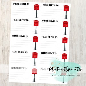 Könnte beinhalten: Druckbare Seite mit acht roten Briefkästen mit dem Text "PLEASE DELIVER TO:" neben jedem Briefkasten. Die Briefkästen befinden sich auf weißem Hintergrund.