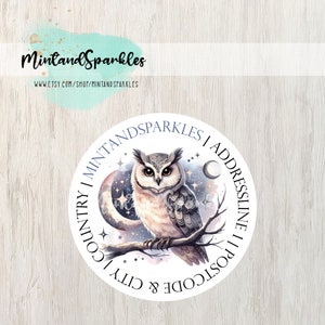 May include: A white round sticker with a blue owl illustration and the text "MintandSparkles | Addressline | City & Postcode | MintandSparkles" around the edge.