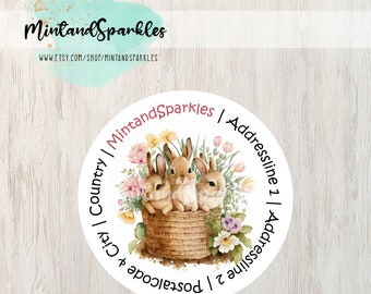 Spring Flowers Bunnies Round Address Stickers