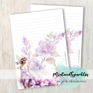 Hojas de papel para escribir cartas con diseño de dama con flores moradas en acuarela