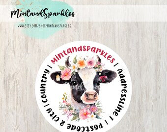 Schattige Koe met Bloemen Ronde Adresstickers