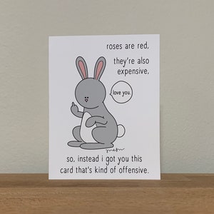 May include: A greeting card with a cartoon gray bunny giving the middle finger. The text reads "roses are red, they're also expensive, so, instead I got you this card that's kind of offensive."