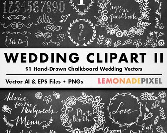 Chalkboard Wedding Clipart II - DIY Wedding Invitation, Wedding Wreaths and Signage, Table Numbers, Hand Drawn Fonts, Hand Drawn Clip Art