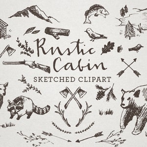 Rustikale Hütte Clipart - Skizziert ClipArt, Crosshatch Kunst, Handgezeichnet Clipart, skizzenhafte Zeichnungen, Bär Clipart, Natur Clipart, Wildnis Kunst
